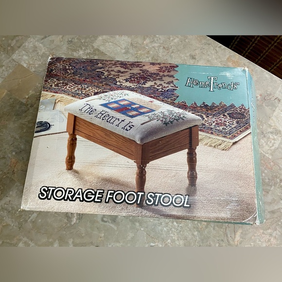 Antique Wood Storage Ottoman Foot Stool Tapestry Top “Home is Where the Heart is - Picture 3 of 7